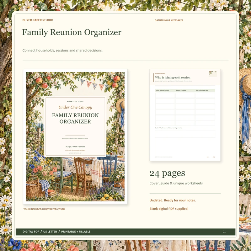 Actual illustrated cover and blank page 9, Who is joining each session, from the 24-page Family Reunion Organizer. Printable and fillable US Letter digital PDF.