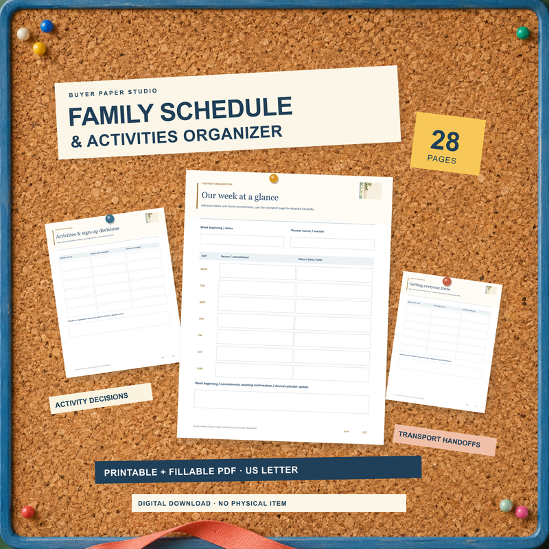 Cork noticeboard with actual week-at-a-glance, activity decisions and transport handoff sheets. 28-page printable and fillable US Letter PDF. Digital download; no physical item.