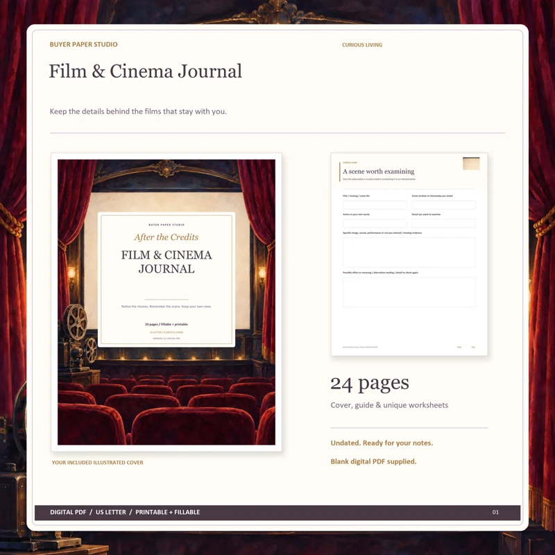 Actual illustrated cover and blank page 9, A scene worth examining, from the 24-page Film & Cinema Journal. Printable and fillable US Letter digital PDF.