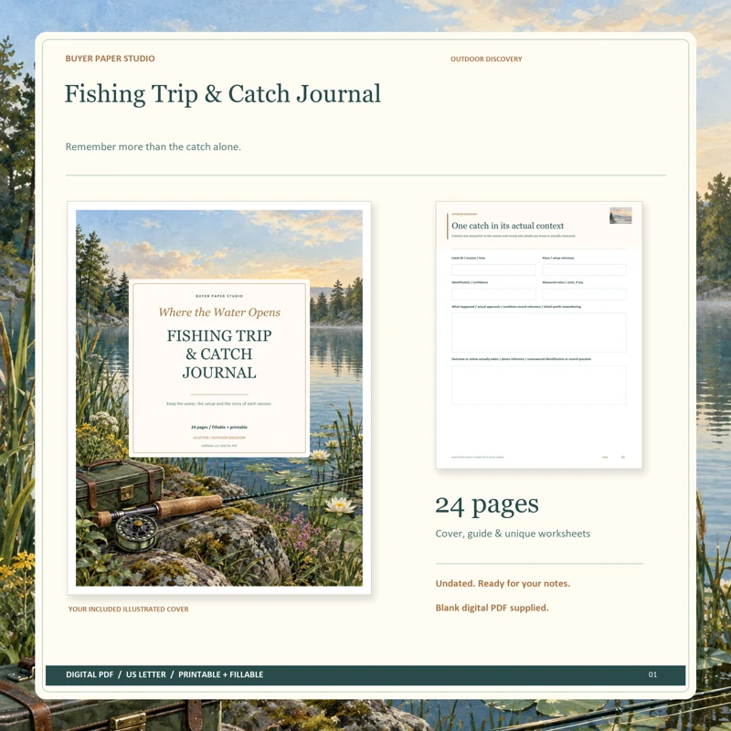 Actual illustrated cover and blank page 16, One catch in its actual context, from the 24-page Fishing Trip & Catch Journal. Printable and fillable US Letter digital PDF.
