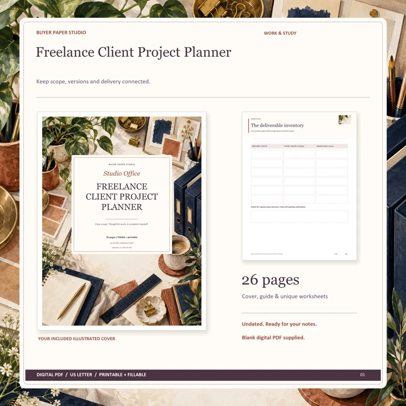 Actual illustrated cover and blank page 5, The deliverable inventory, from the 26-page Freelance Client Project Planner. Printable and fillable US Letter digital PDF.