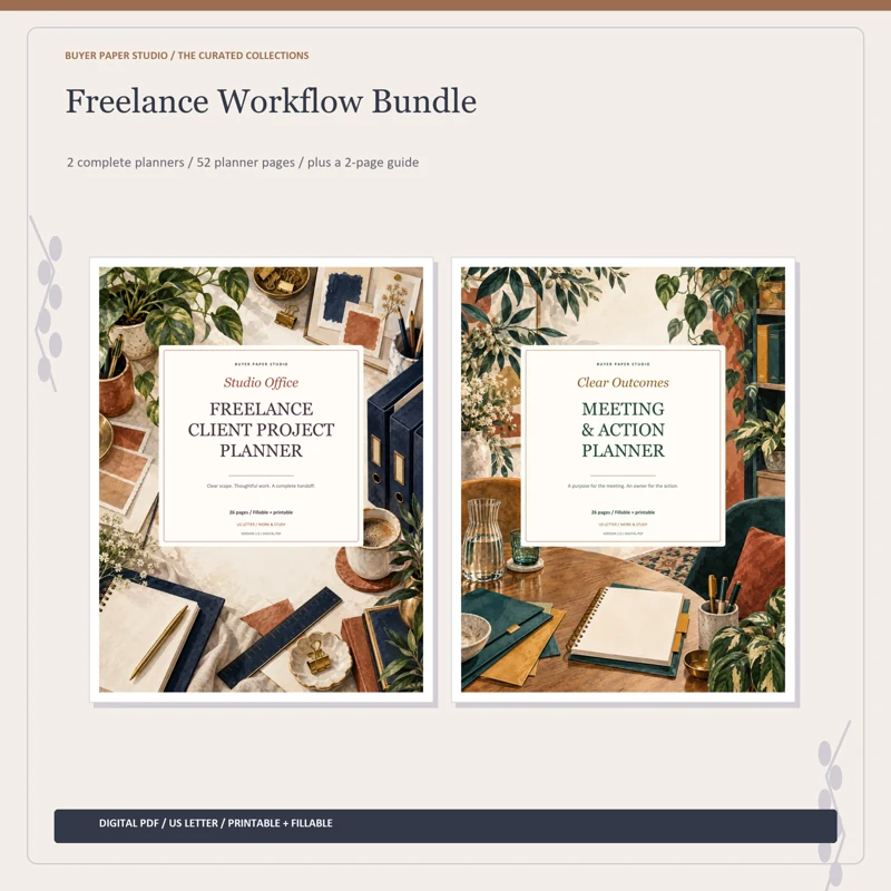 Actual covers of all 2 included planners in Freelance Workflow Bundle. 52 planner pages plus a separate two-page guide. Digital PDF collection.