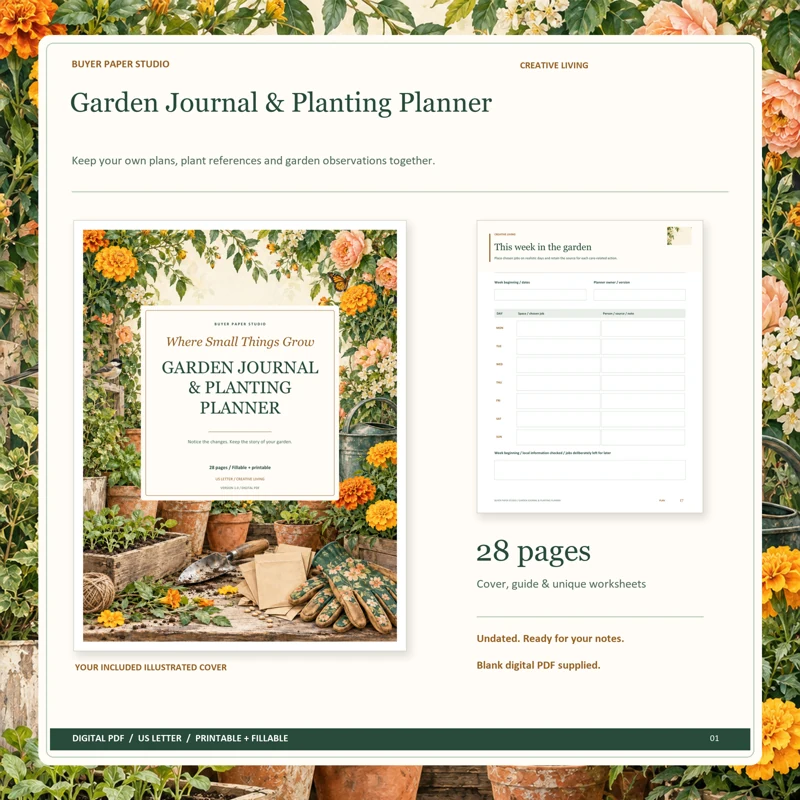 Actual illustrated cover and blank page 17, This week in the garden, from the 28-page Garden Journal & Planting Planner. Printable and fillable US Letter digital PDF.