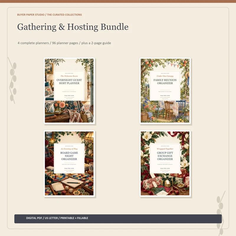 Actual covers of all 4 included planners in Gathering & Hosting Bundle. 96 planner pages plus a separate two-page guide. Digital PDF collection.
