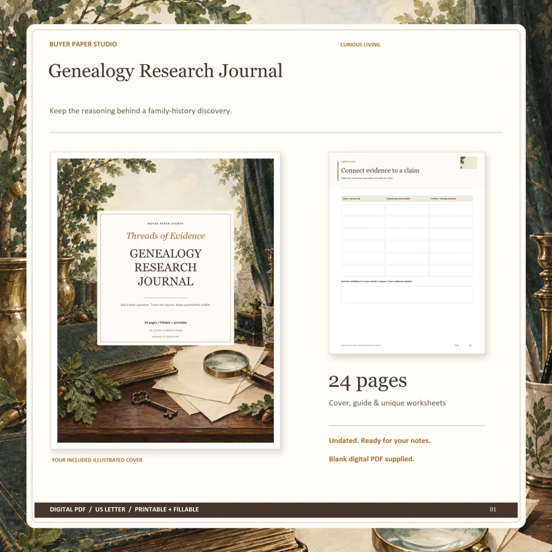 Actual illustrated cover and blank page 21, Connect evidence to a claim, from the 24-page Genealogy Research Journal. Printable and fillable US Letter digital PDF.