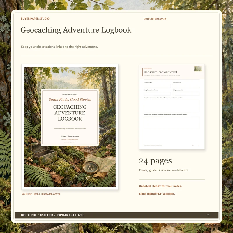 Actual illustrated cover and blank page 14, One search, one visit record, from the 24-page Geocaching Adventure Logbook. Printable and fillable US Letter digital PDF.