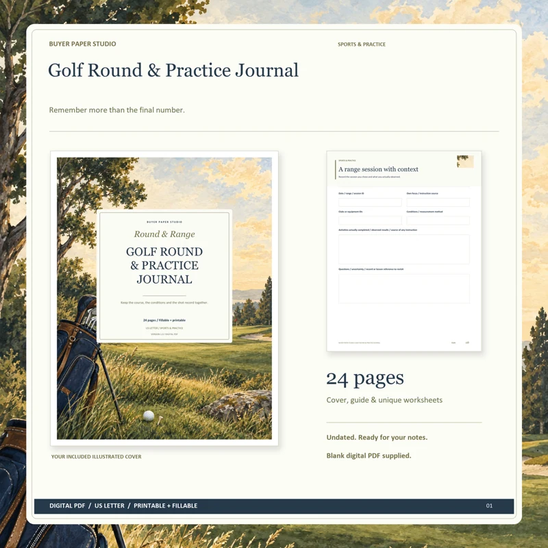 Actual illustrated cover and blank page 8, A range session with context, from the 24-page Golf Round & Practice Journal. Printable and fillable US Letter digital PDF.