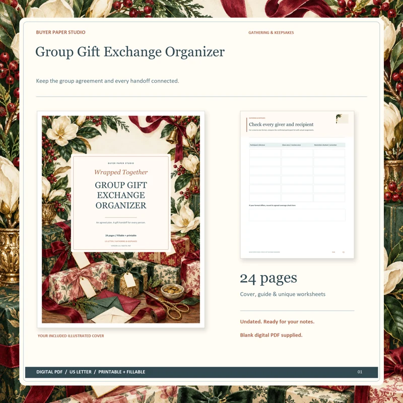 Actual illustrated cover and blank page 13, Check every giver and recipient, from the 24-page Group Gift Exchange Organizer. Printable and fillable US Letter digital PDF.