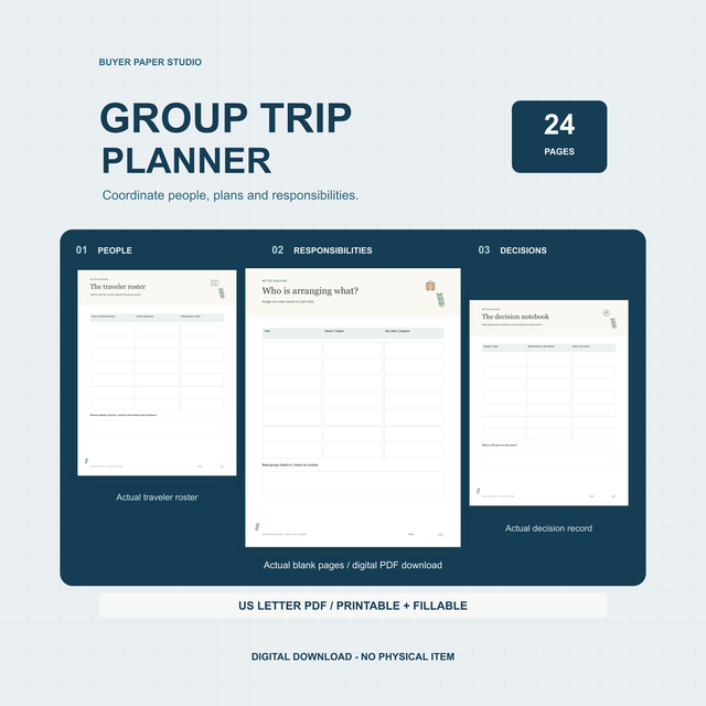 Group Trip Planner shown as a coordination board with the actual traveler roster, Who is arranging what responsibilities sheet and decision notebook. 24-page printable and fillable US Letter PDF; digital download, no physical item.
