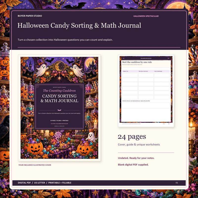Actual illustrated cover and blank page 6, Sort the cauldron by one rule, from the 24-page Halloween Candy Sorting & Math Journal. Printable and fillable US Letter digital PDF.
