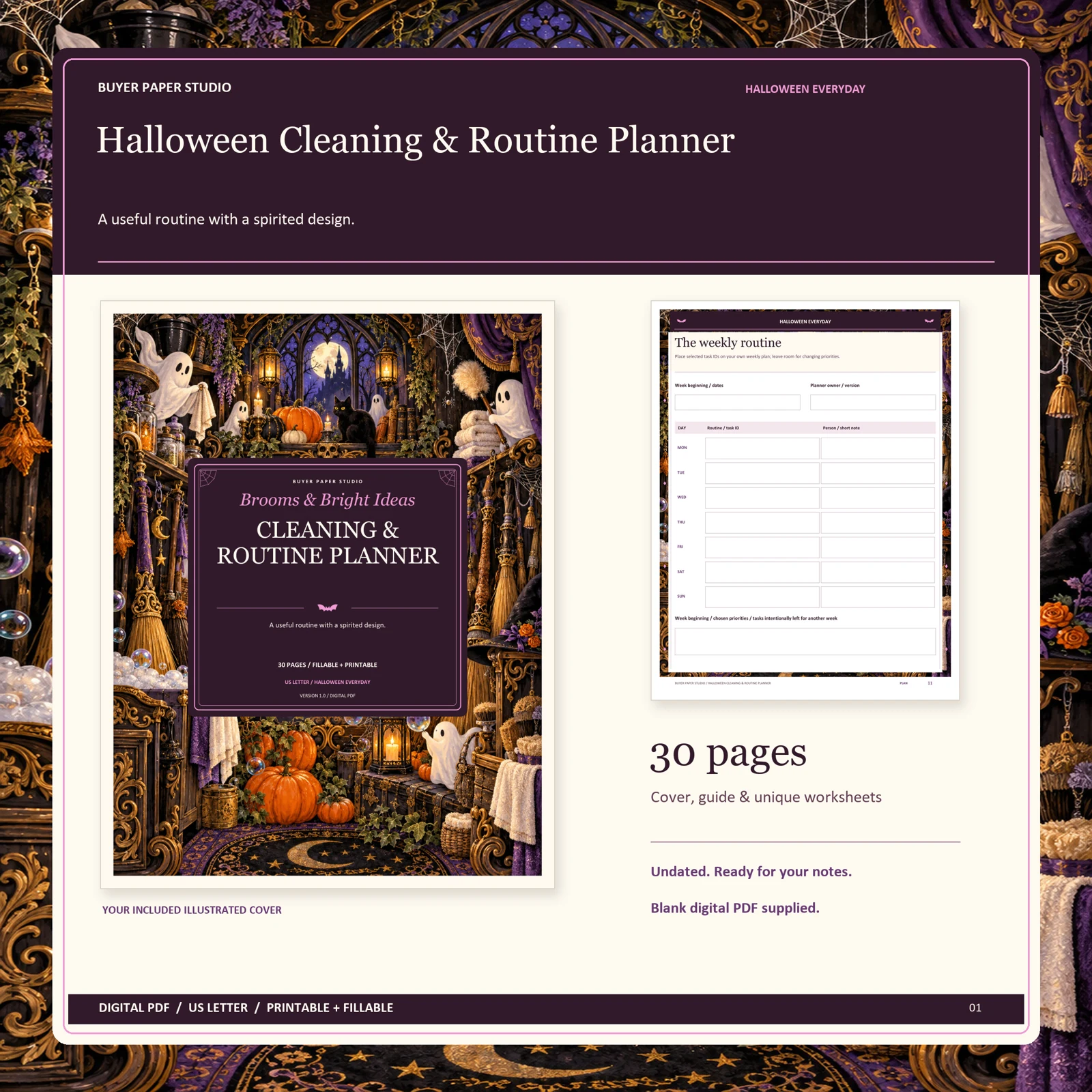 Actual illustrated cover and blank page 11, The weekly routine, from the 30-page Halloween Cleaning & Routine Planner. Printable and fillable US Letter digital PDF.