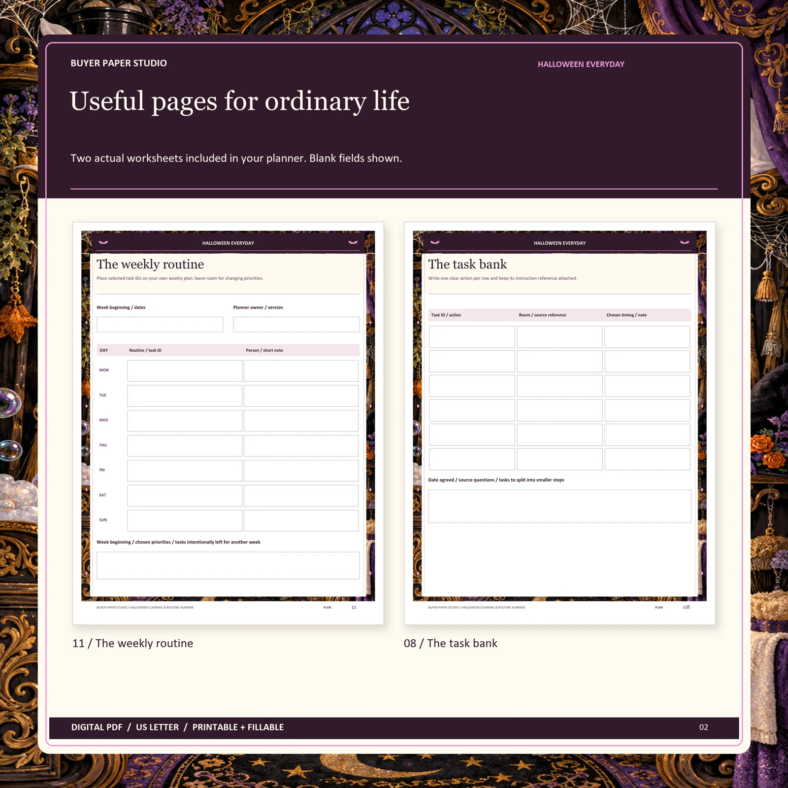 Actual blank pages 11 and 8 of Halloween Cleaning & Routine Planner: The weekly routine and The task bank.