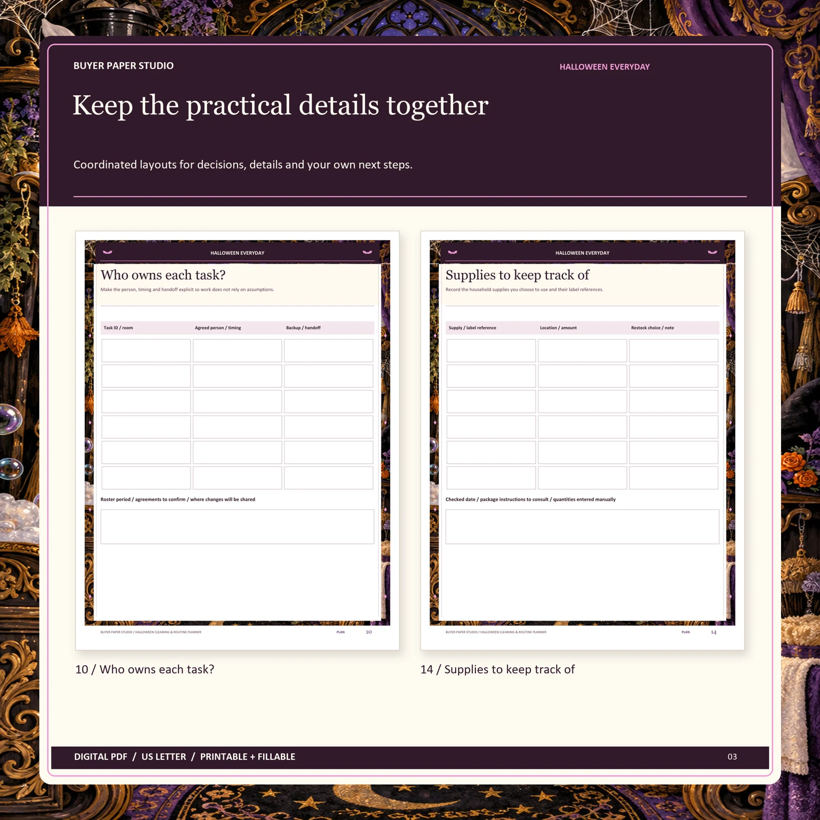 Actual blank pages 10 and 14 of Halloween Cleaning & Routine Planner: Who owns each task? and Supplies to keep track of.