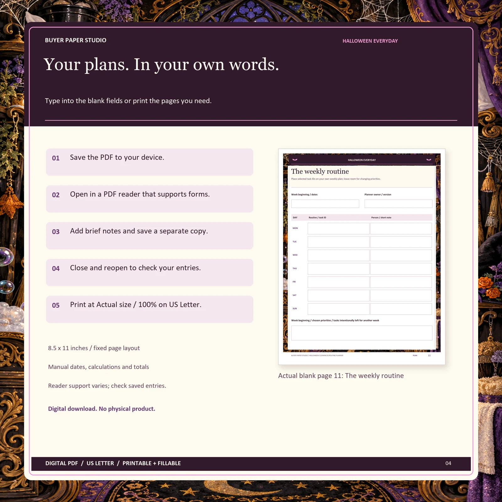 Save, fill and print directions alongside actual blank page 11 of Halloween Cleaning & Routine Planner. Requires a form-supporting PDF reader; fixed layout, manual calculations, US Letter 8.5 by 11 inches. No example entries or physical product shown.