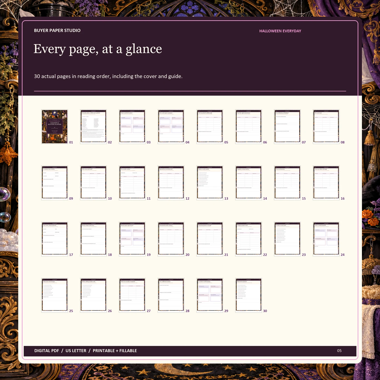 All 30 actual blank PDF pages of Halloween Cleaning & Routine Planner, shown in reading order including its illustrated cover and guide.