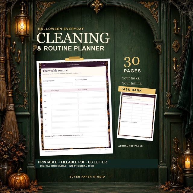 Halloween Cleaning and Routine Planner promotion with an actual weekly cleaning routine and smaller task-bank worksheet against an ornate green broom cupboard. Includes 30 printable and fillable US Letter PDF pages. Digital download; no physical item.