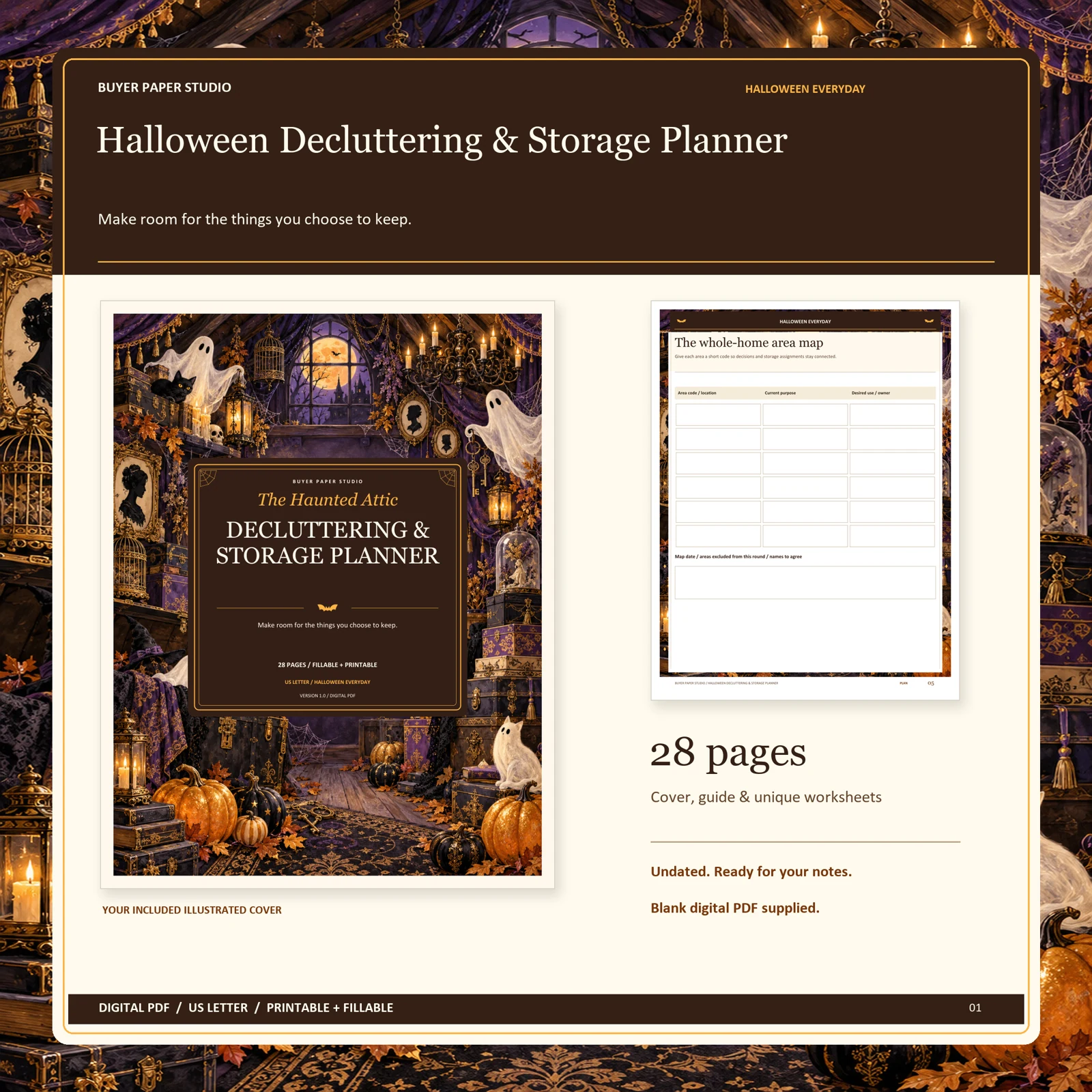 Actual illustrated cover and blank page 5, The whole-home area map, from the 28-page Halloween Decluttering & Storage Planner. Printable and fillable US Letter digital PDF.