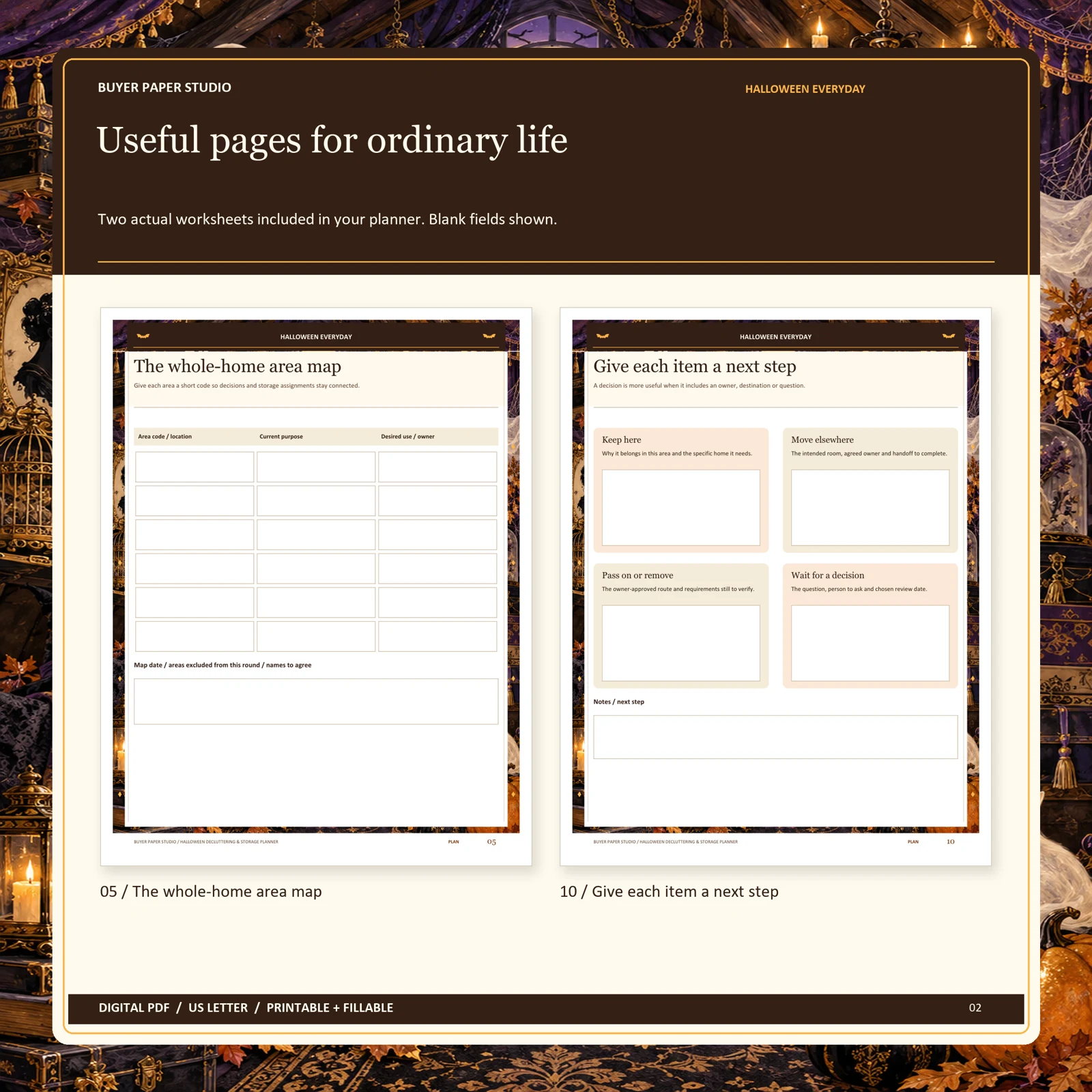 Actual blank pages 5 and 10 of Halloween Decluttering & Storage Planner: The whole-home area map and Give each item a next step.