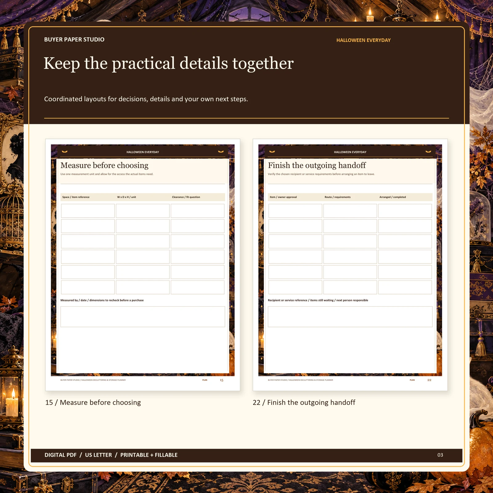 Actual blank pages 15 and 22 of Halloween Decluttering & Storage Planner: Measure before choosing and Finish the outgoing handoff.