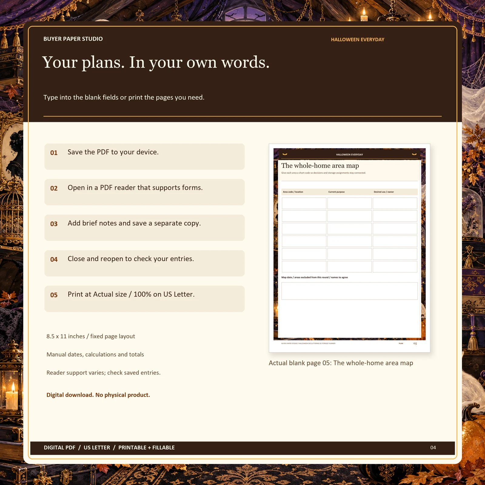 Save, fill and print directions alongside actual blank page 5 of Halloween Decluttering & Storage Planner. Requires a form-supporting PDF reader; fixed layout, manual calculations, US Letter 8.5 by 11 inches. No example entries or physical product shown.