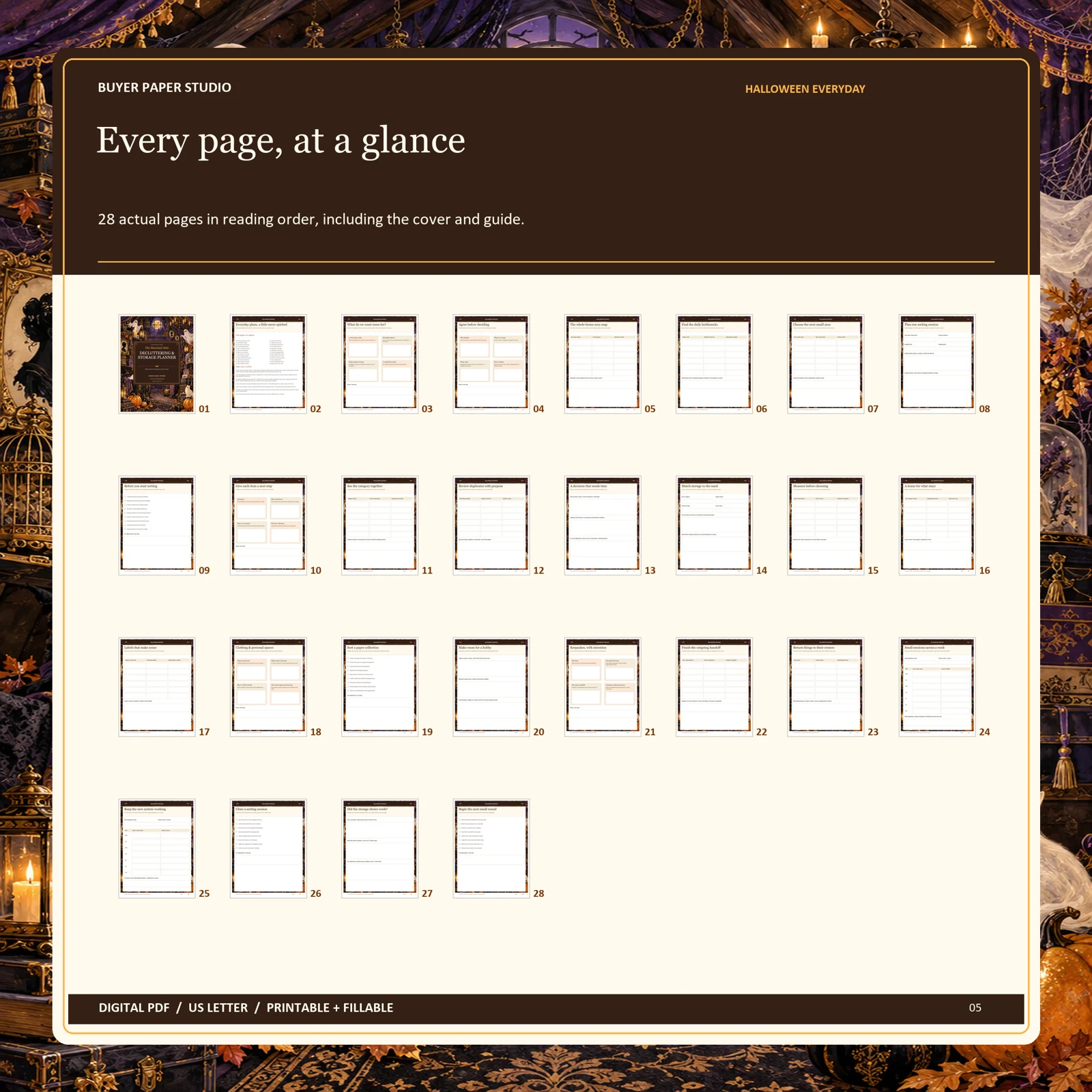 All 28 actual blank PDF pages of Halloween Decluttering & Storage Planner, shown in reading order including its illustrated cover and guide.