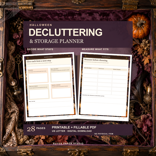 Halloween Decluttering and Storage Planner promotion showing the actual decision and measurement worksheets as an open spread against a plum velvet attic trunk. Includes 28 printable and fillable US Letter PDF pages. Digital download; no physical item.