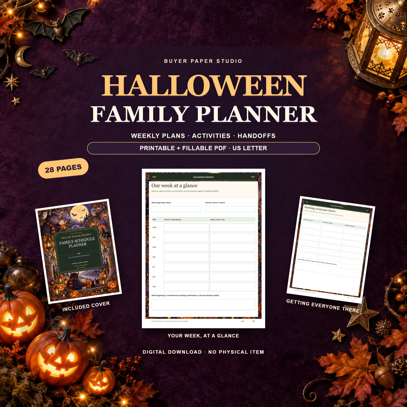 Moonlit Halloween collage with the actual family week-at-a-glance page, transportation page and included illustrated cover. 28-page printable and fillable US Letter PDF; digital download, no physical item.