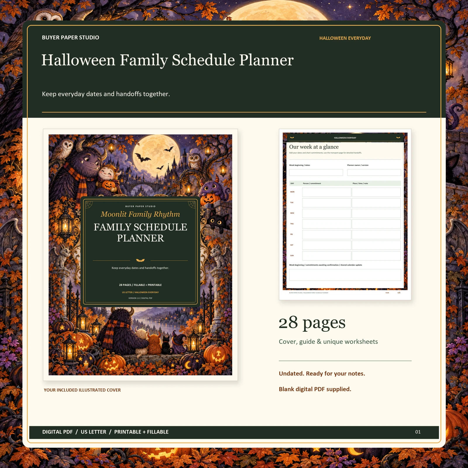 Actual illustrated cover and blank page 6, Our week at a glance, from the 28-page Halloween Family Schedule Planner. Printable and fillable US Letter digital PDF.