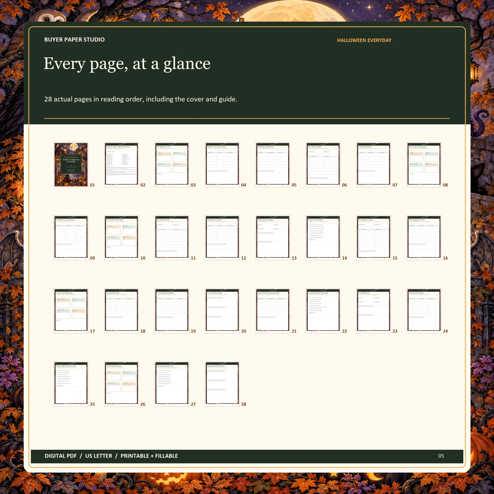 All 28 actual blank PDF pages of Halloween Family Schedule Planner, shown in reading order including its illustrated cover and guide.