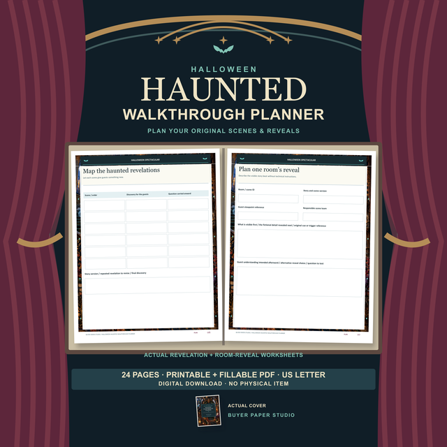 Halloween Haunted Walkthrough Planner promotion with actual revelation and room-reveal worksheets in a wide spread framed by original theater curtains. Small actual cover below. 24 printable and fillable US Letter PDF pages; digital download, no physical item.