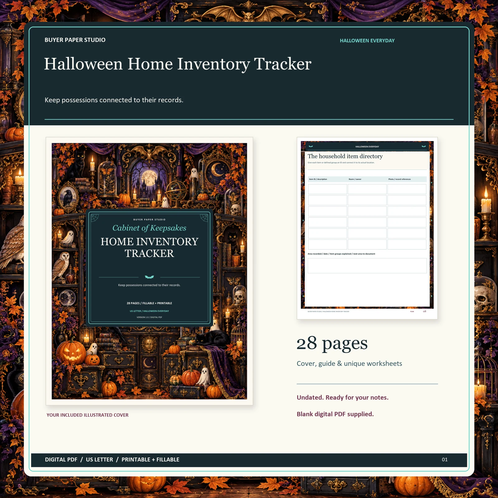 Actual illustrated cover and blank page 8, The household item directory, from the 28-page Halloween Home Inventory Tracker. Printable and fillable US Letter digital PDF.