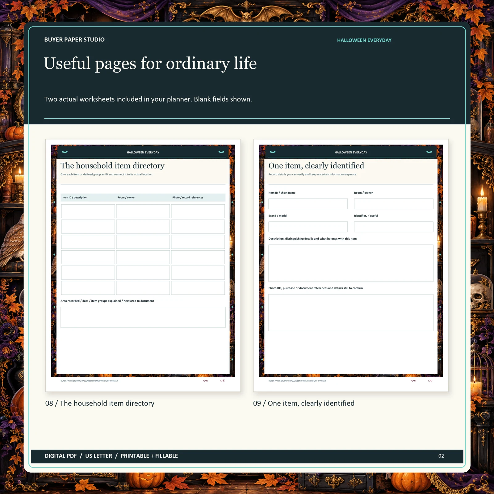Actual blank pages 8 and 9 of Halloween Home Inventory Tracker: The household item directory and One item, clearly identified.
