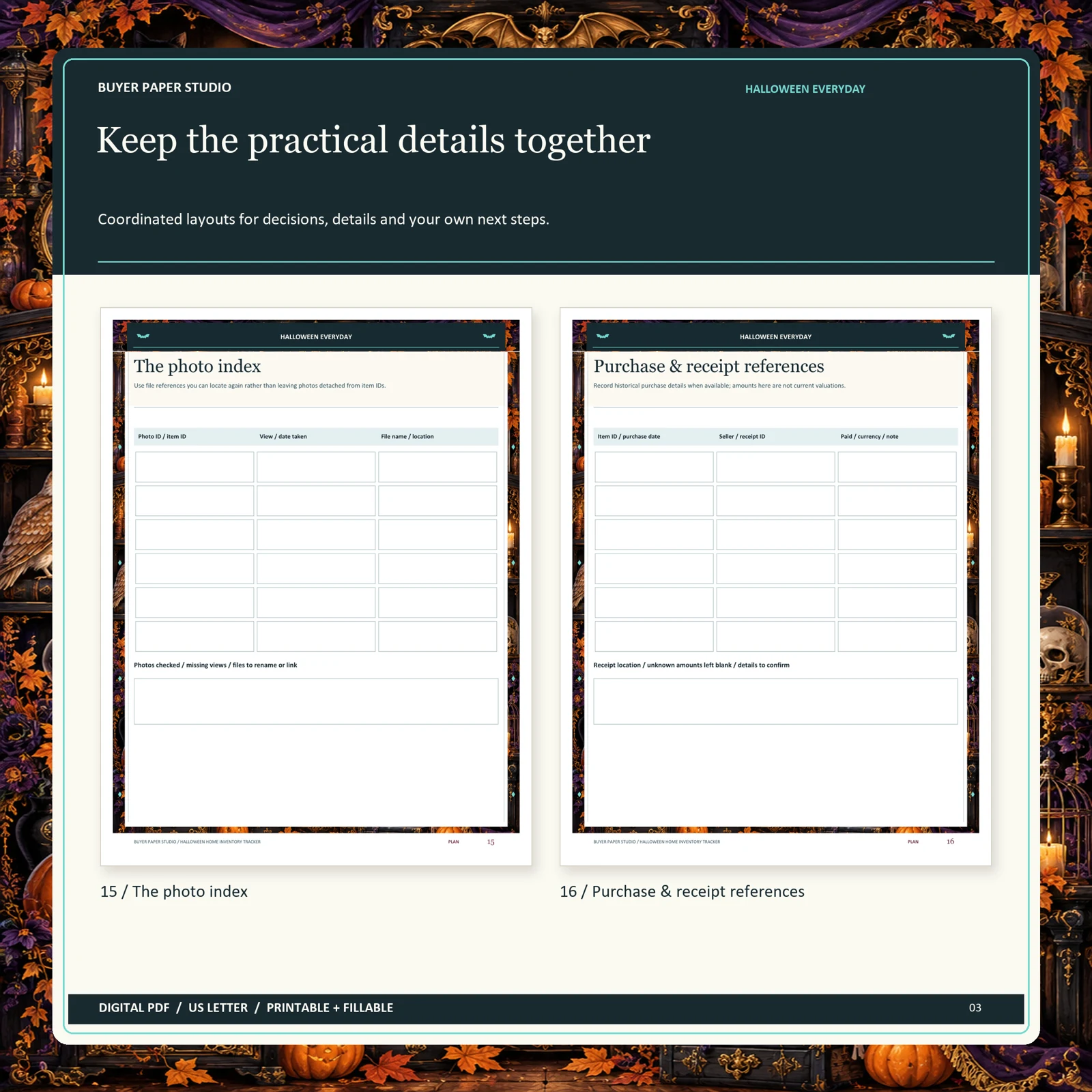 Actual blank pages 15 and 16 of Halloween Home Inventory Tracker: The photo index and Purchase & receipt references.