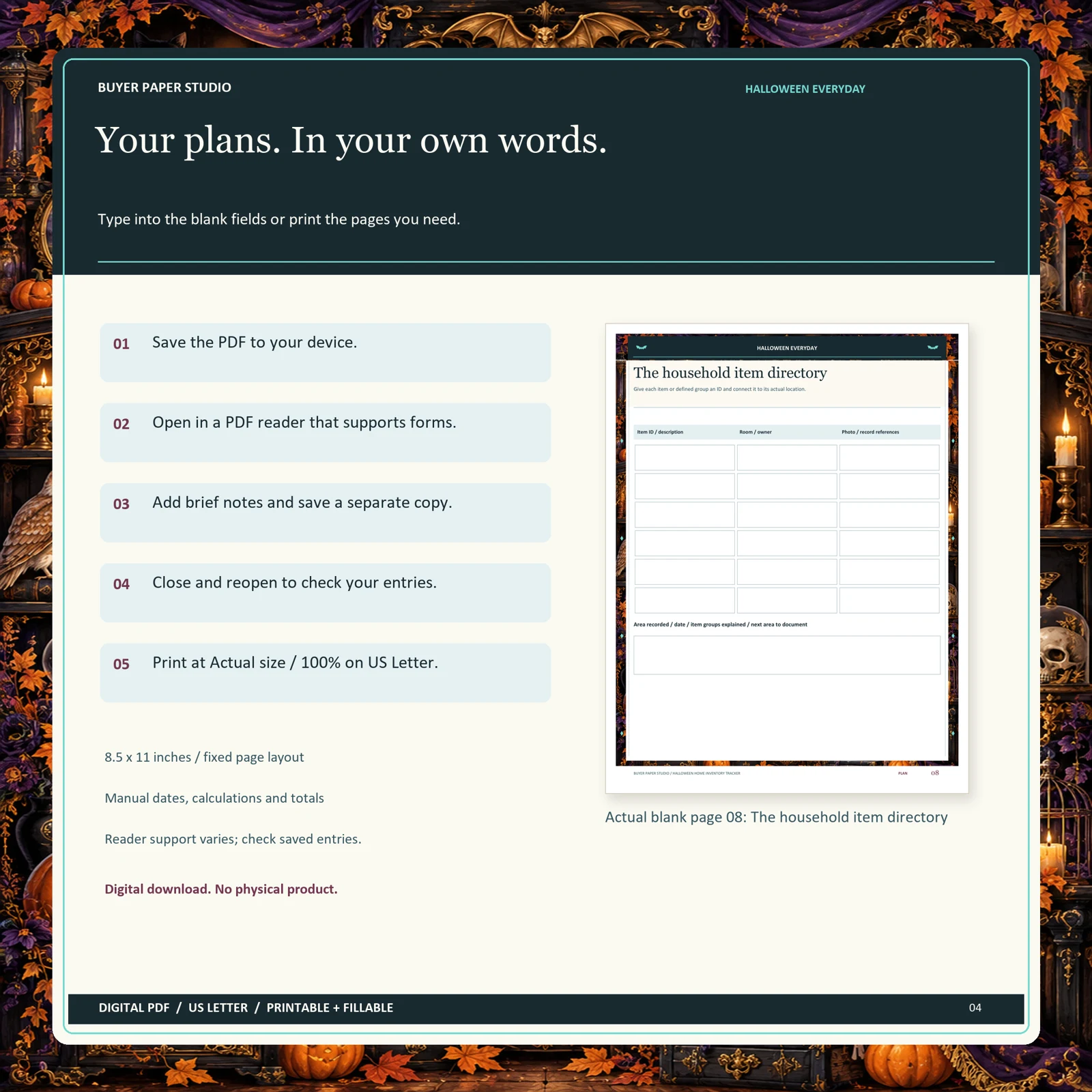 Save, fill and print directions alongside actual blank page 8 of Halloween Home Inventory Tracker. Requires a form-supporting PDF reader; fixed layout, manual calculations, US Letter 8.5 by 11 inches. No example entries or physical product shown.