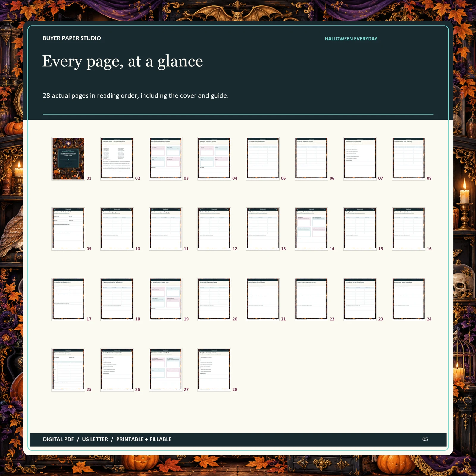 All 28 actual blank PDF pages of Halloween Home Inventory Tracker, shown in reading order including its illustrated cover and guide.