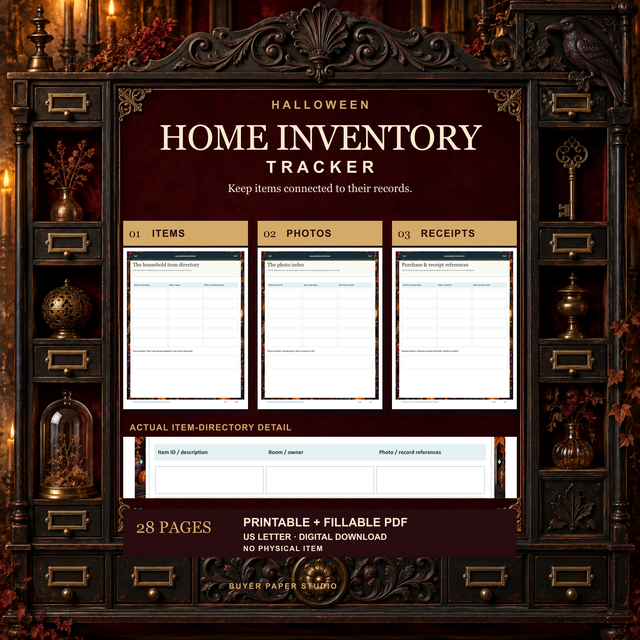 Halloween Home Inventory Tracker promotion with actual item-directory, photo-index and purchase-reference pages arranged in three columns, plus a labeled close-up of directory fields against a burgundy cabinet. Includes 28 printable and fillable US Letter PDF pages. Digital download; no physical item.