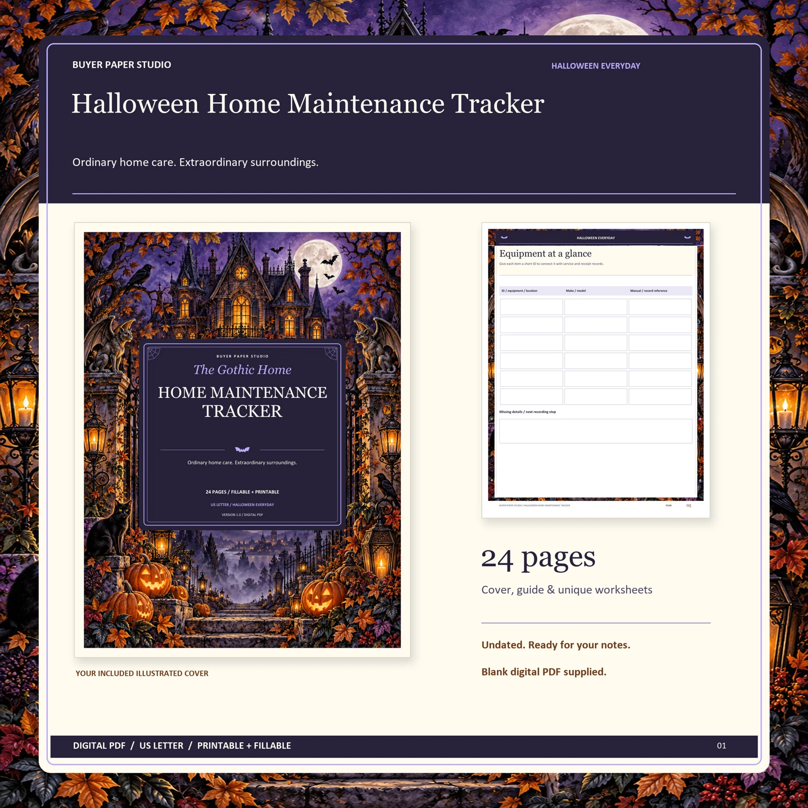 Actual illustrated cover and blank page 5, Equipment at a glance, from the 24-page Halloween Home Maintenance Tracker. Printable and fillable US Letter digital PDF.