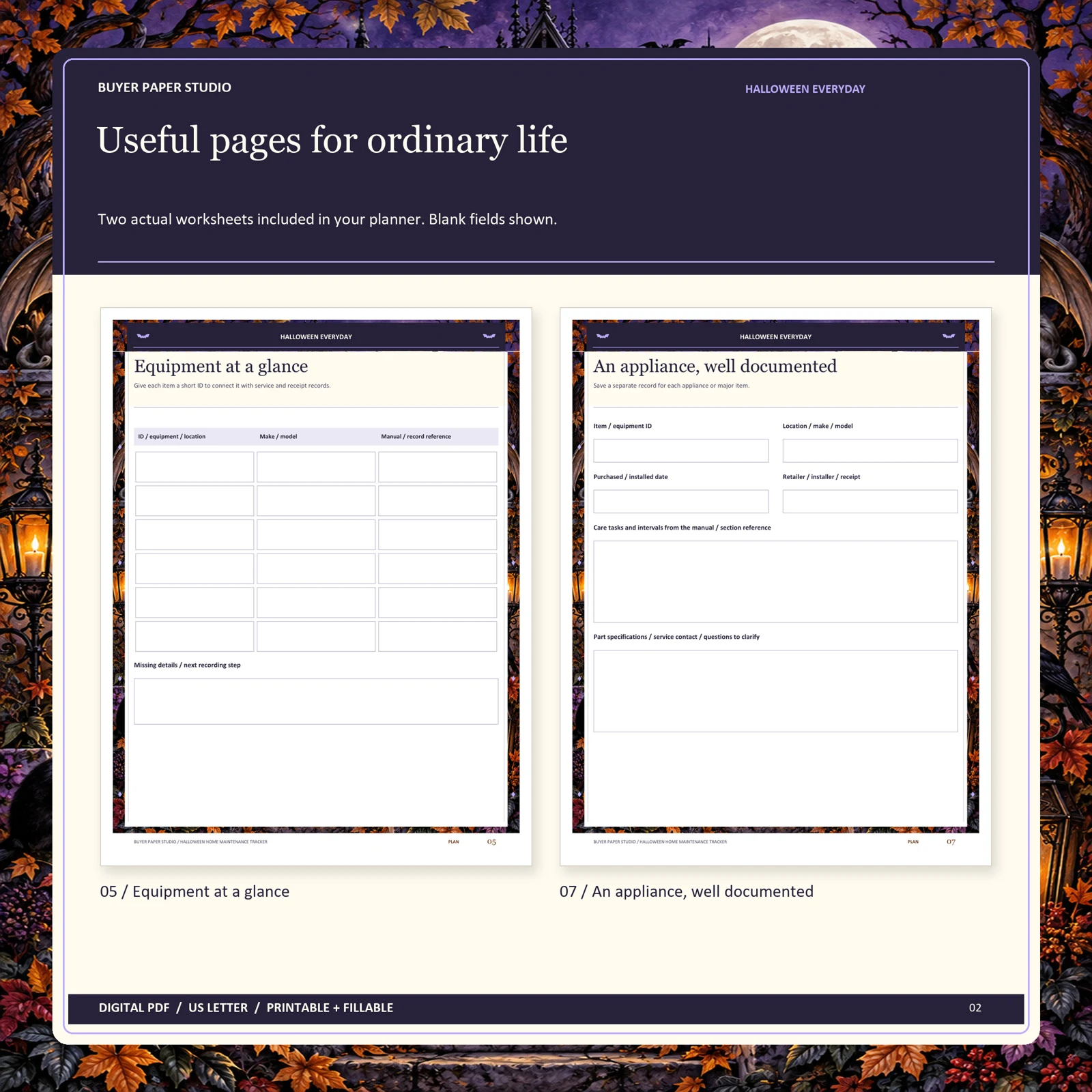 Actual blank pages 5 and 7 of Halloween Home Maintenance Tracker: Equipment at a glance and An appliance, well documented.