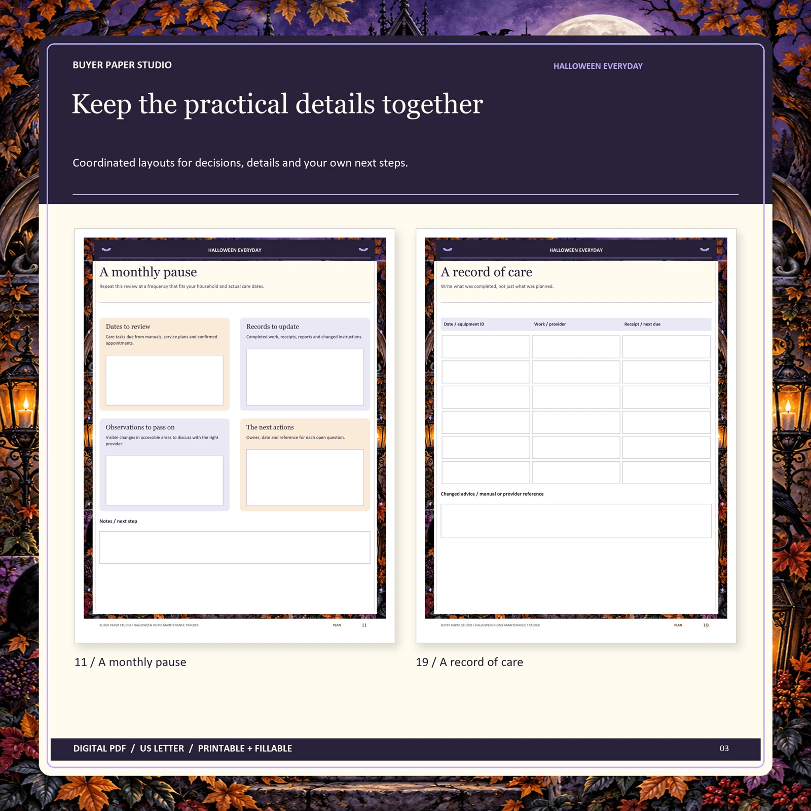 Actual blank pages 11 and 19 of Halloween Home Maintenance Tracker: A monthly pause and A record of care.