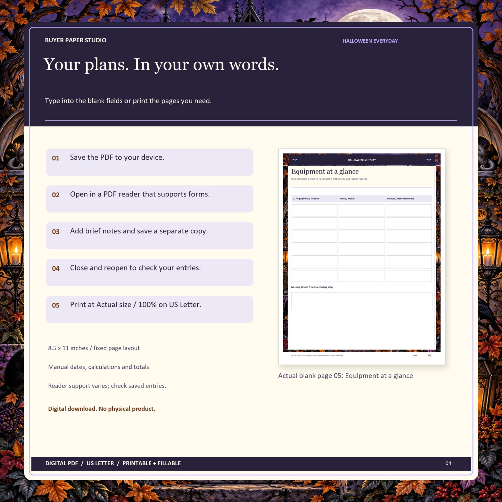 Save, fill and print directions alongside actual blank page 5 of Halloween Home Maintenance Tracker. Requires a form-supporting PDF reader; fixed layout, manual calculations, US Letter 8.5 by 11 inches. No example entries or physical product shown.