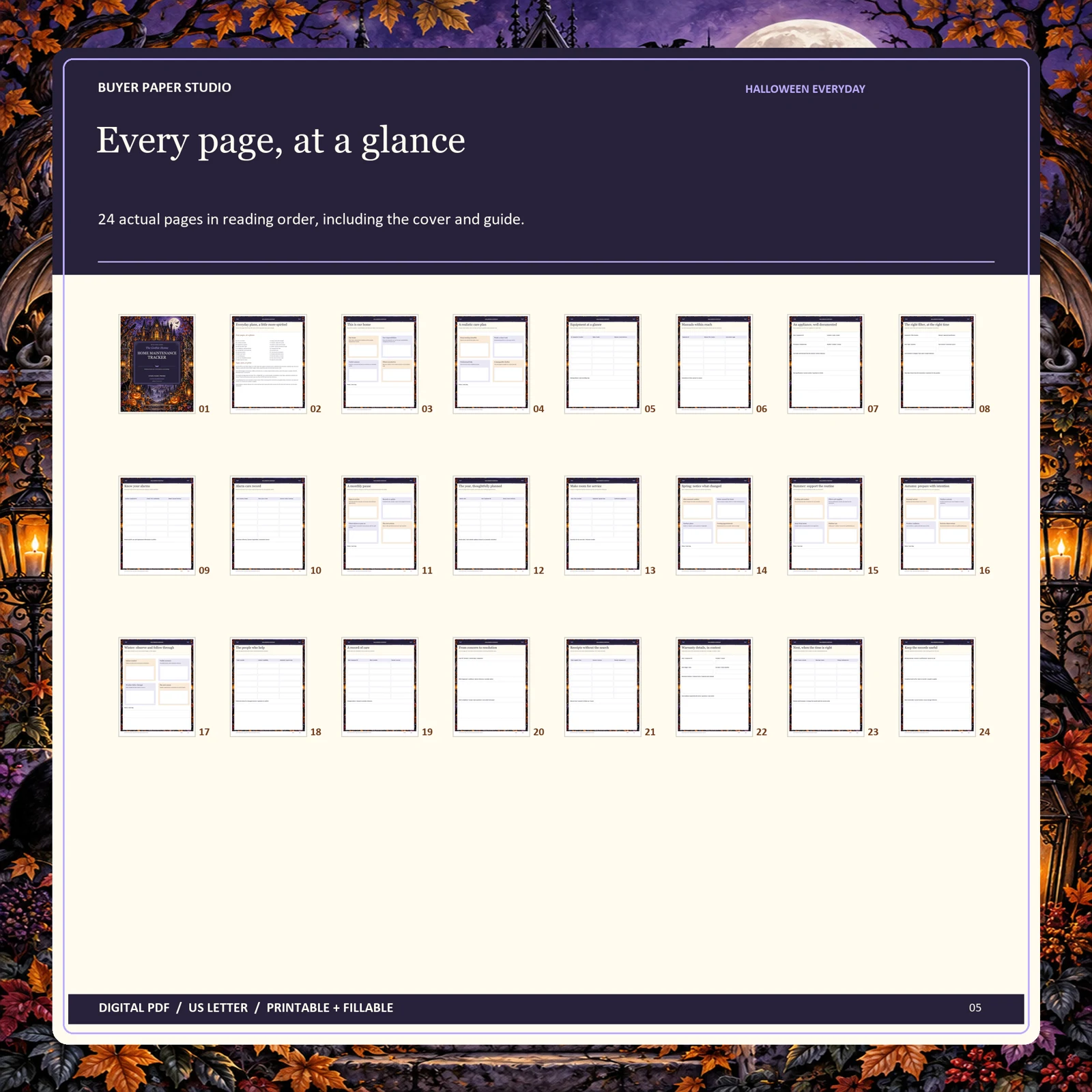 All 24 actual blank PDF pages of Halloween Home Maintenance Tracker, shown in reading order including its illustrated cover and guide.