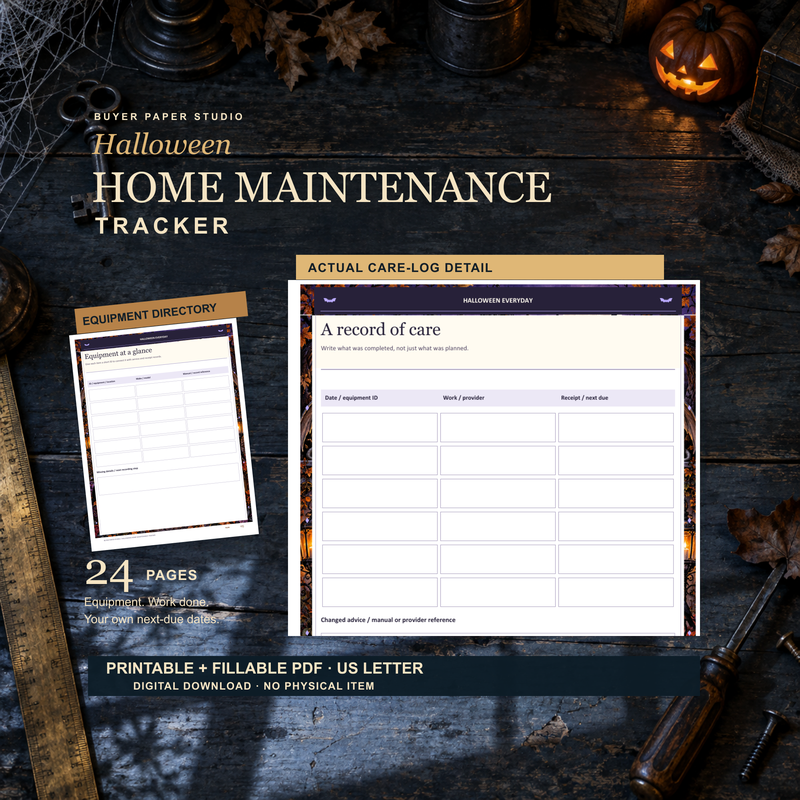 Halloween Home Maintenance Tracker digital PDF showing an actual care-log detail and equipment directory against a moonlit workshop scene. Includes 24 US Letter printable and fillable pages; no physical item.