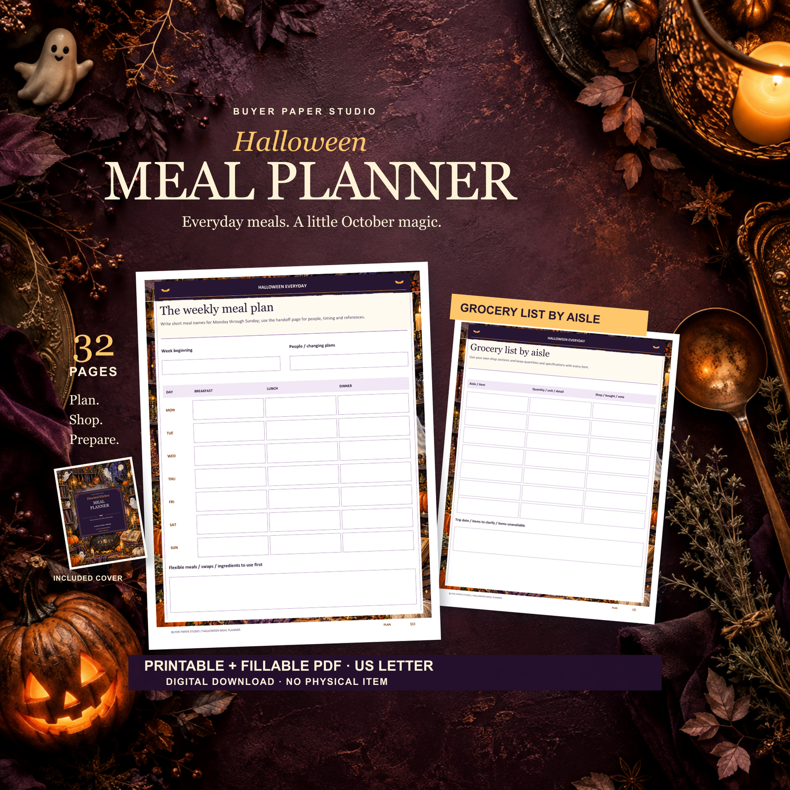 Halloween Meal Planner digital PDF showing the actual weekly meal plan and grocery list by aisle against a plum and copper haunted-kitchen scene. Includes 32 US Letter printable and fillable pages; no physical item.