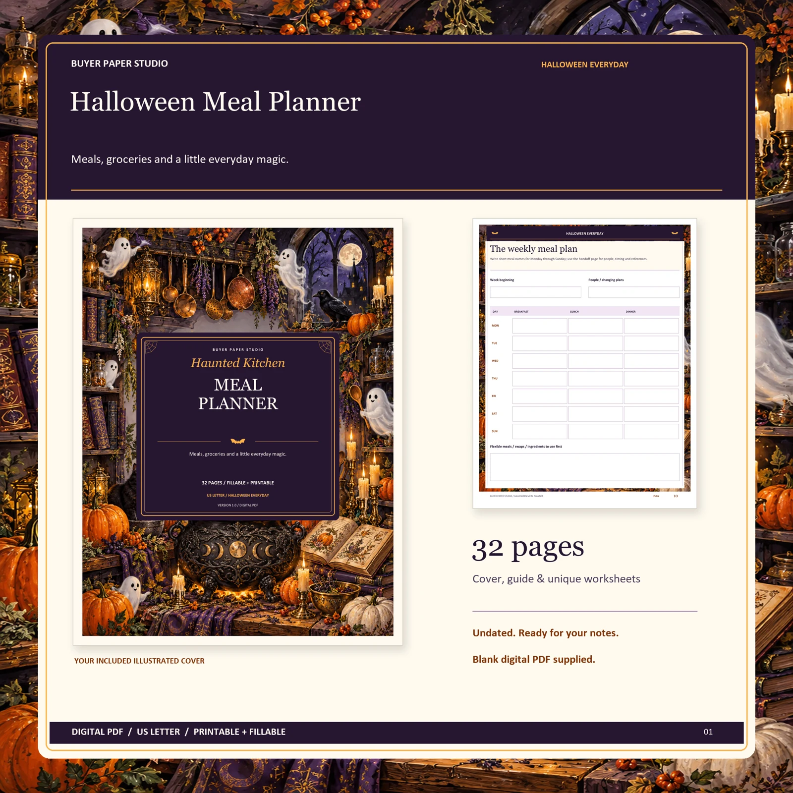 Actual illustrated cover and blank page 10, The weekly meal plan, from the 32-page Halloween Meal Planner. Printable and fillable US Letter digital PDF.