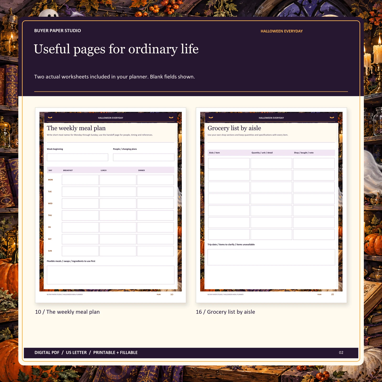 Actual blank pages 10 and 16 of Halloween Meal Planner: The weekly meal plan and Grocery list by aisle.