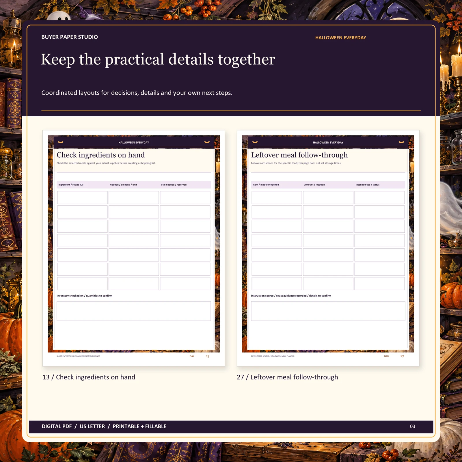Actual blank pages 13 and 27 of Halloween Meal Planner: Check ingredients on hand and Leftover meal follow-through.
