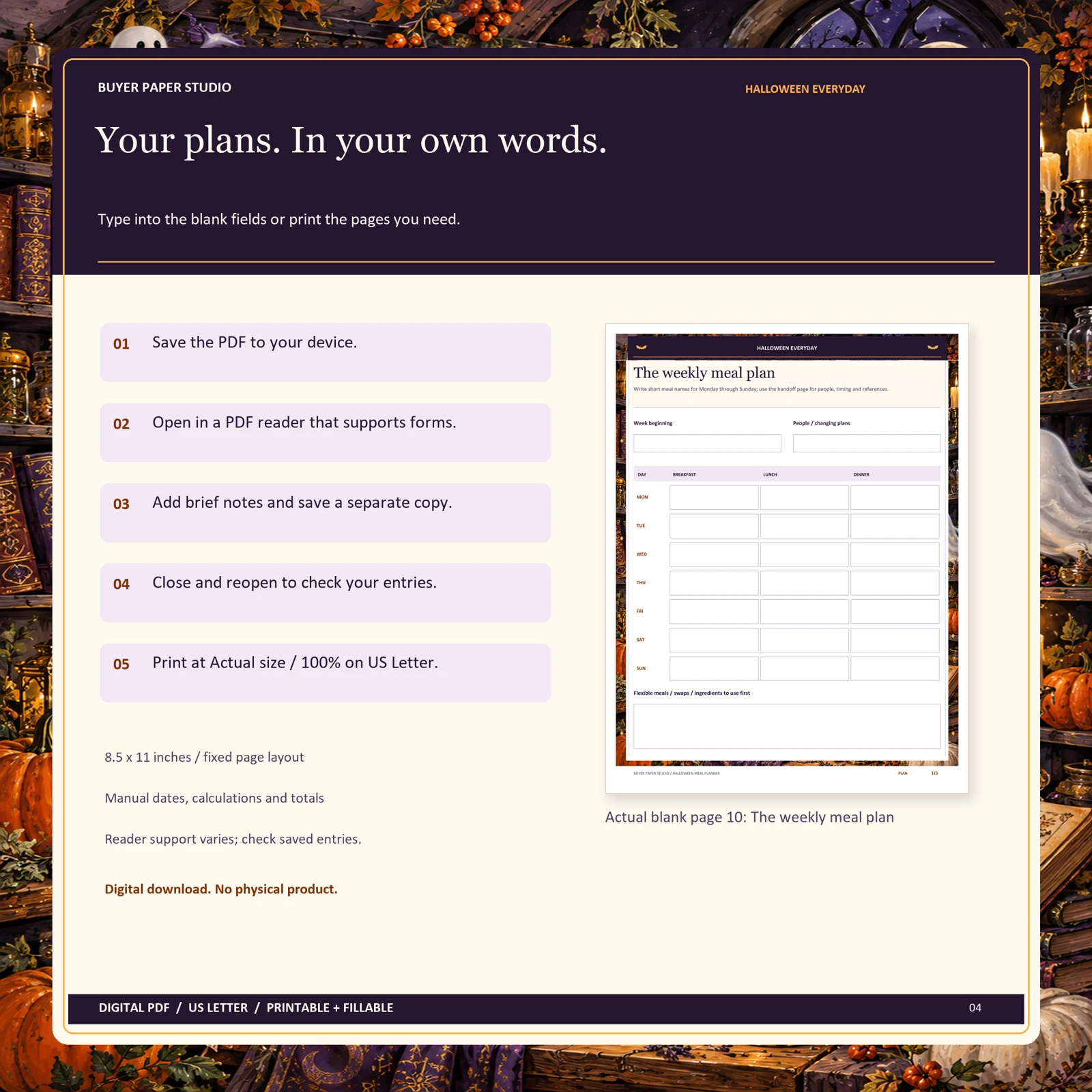 Save, fill and print directions alongside actual blank page 10 of Halloween Meal Planner. Requires a form-supporting PDF reader; fixed layout, manual calculations, US Letter 8.5 by 11 inches. No example entries or physical product shown.
