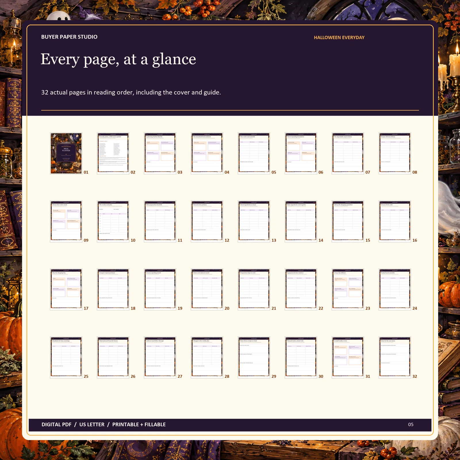 All 32 actual blank PDF pages of Halloween Meal Planner, shown in reading order including its illustrated cover and guide.