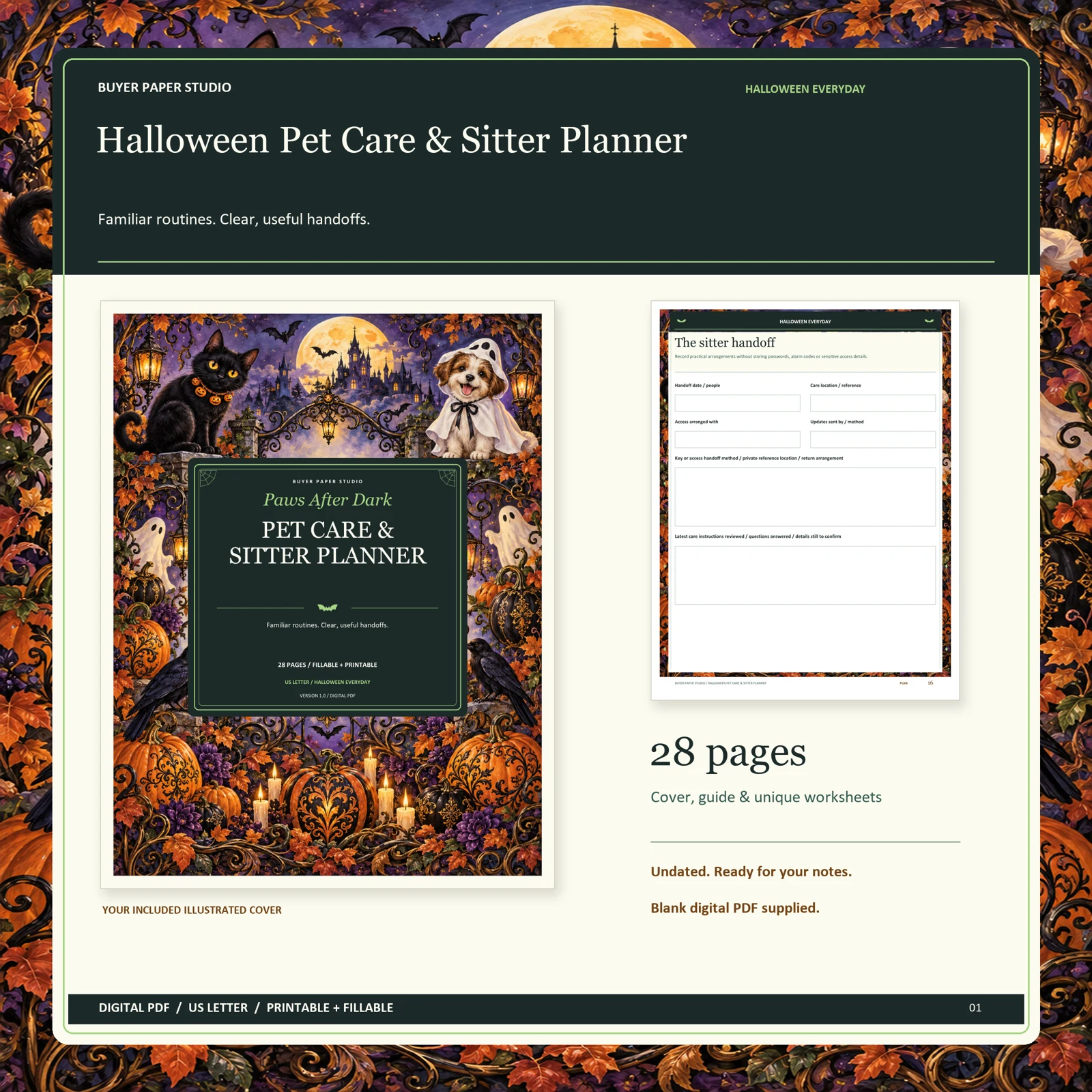 Actual illustrated cover and blank page 16, The sitter handoff, from the 28-page Halloween Pet Care & Sitter Planner. Printable and fillable US Letter digital PDF.