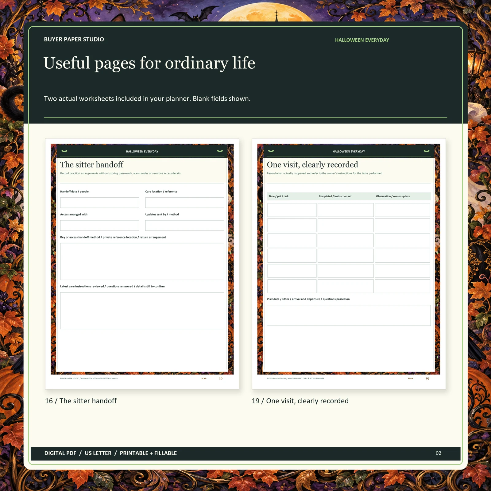 Actual blank pages 16 and 19 of Halloween Pet Care & Sitter Planner: The sitter handoff and One visit, clearly recorded.